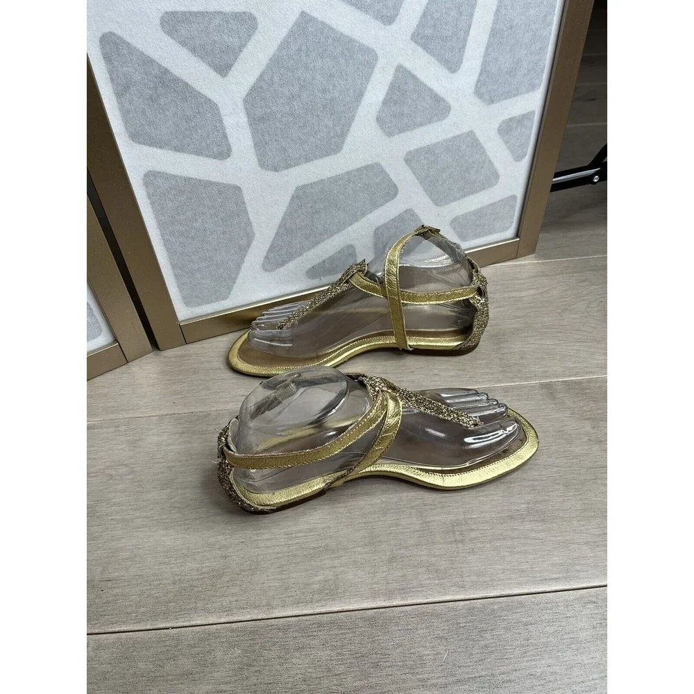 Sperry Top-Sider Women Summerlin Glitter T-Strap Sandals Gold Leather Flat 7 M